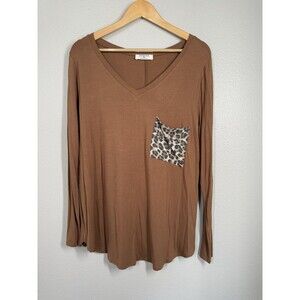 Zenana Women’s‎ Brown Long Sleeve Front Leopard Pocket XL Soft V Neck Tunic